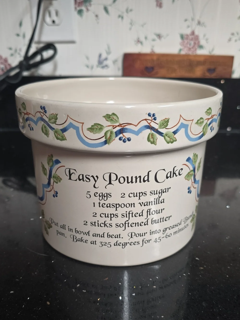 2001 Easy Pound Cake Recipe Ceramic Mixing Bowl - White with Blue & Green Floral
